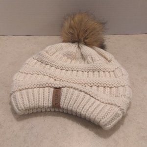 Furtalk Women's Knit Beanie Hat with Faux Fur Pom Pom - Cream Color